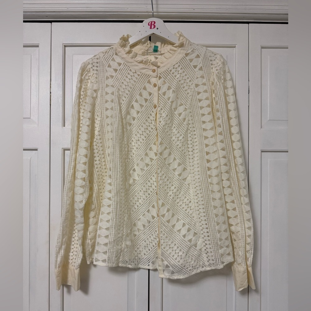 By Anthropologie Cream Lace Knit Ruffled Button Up Blouse Victorian Peasant 22W - Picture 2 of 9